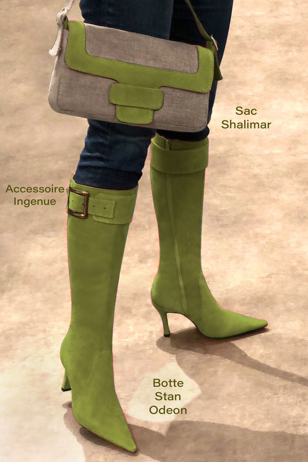 Pistachio green women's feminine knee-high boots. Pointed toe. Very high spool heels. Made to measure. Worn view - Florence KOOIJMAN